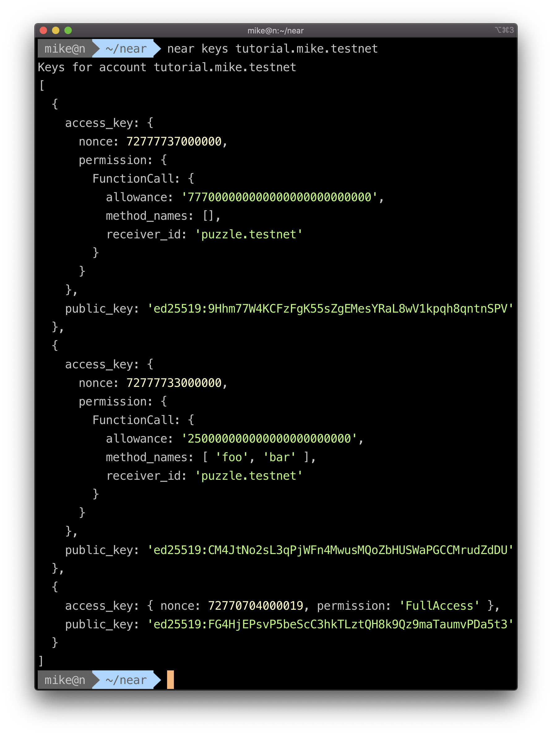 Terminal screen showing the access keys for an account, there is one full-access key and two function-call access keys